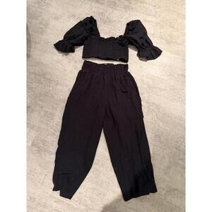 Free People Two-Piece AT EASE Black Smocked Crop Top and Pants Set sz M